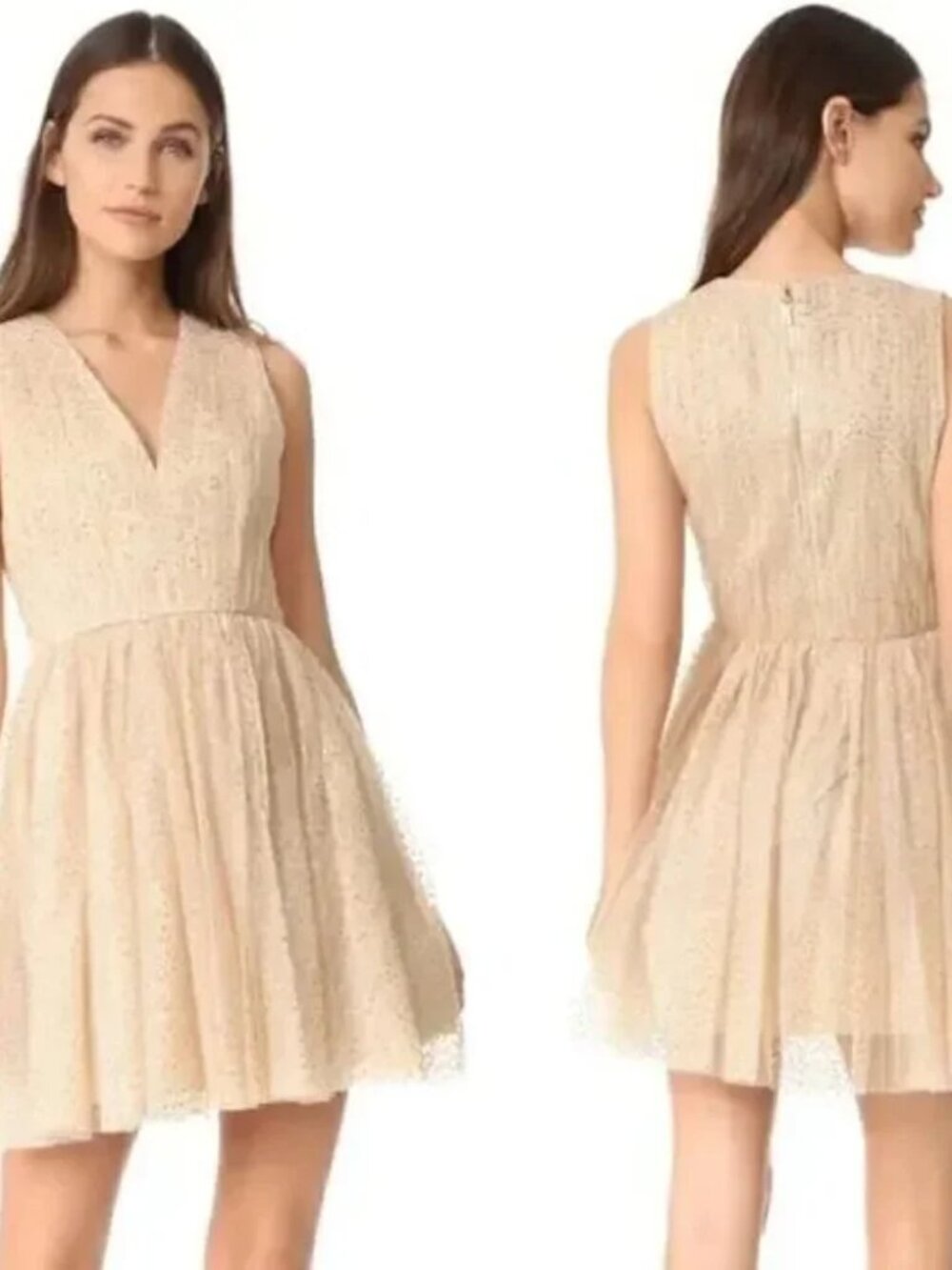 Alice + Olivia Monica Tulle Party Dress Mini V Neck Fit N Flare Sequin Tan NWT 6